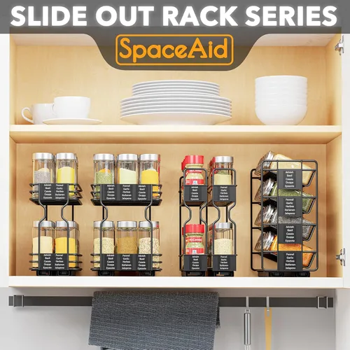 Miniatura 6 de SpaceAid Organizador de especias extraíble con 20 frascos, organizador de condimentos deslizante de servicio pesado para gabinetes de cocina