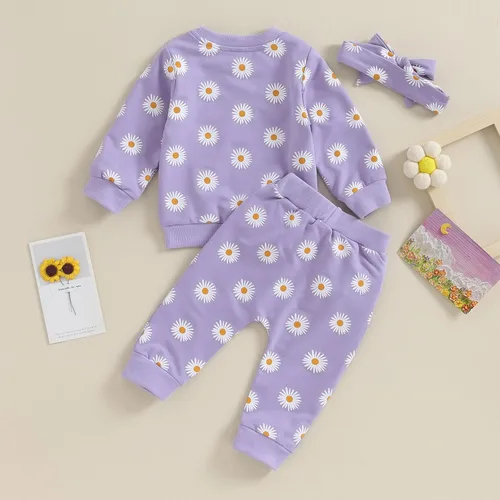 Miniatura 7 de Conjunto de 3 piezas de sudadera de margaritas + pantalones + diadema, ropa infantil de otoño e invierno
