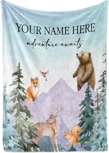 Manta personalizada con diseño de aventura que espera la naturaleza, para niños o adultos con bonito nombre personalizado, suave y afelpado (forro
