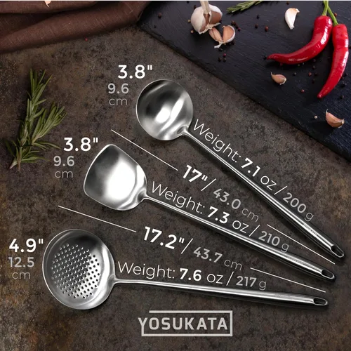 Miniatura 6 de Yosukata Espátula de Wok de 17" y Cuchara Coladora con Cucharón - Juego de 3 Utensilios de Cocina de Acero Inoxidable - Juego de Utensilios