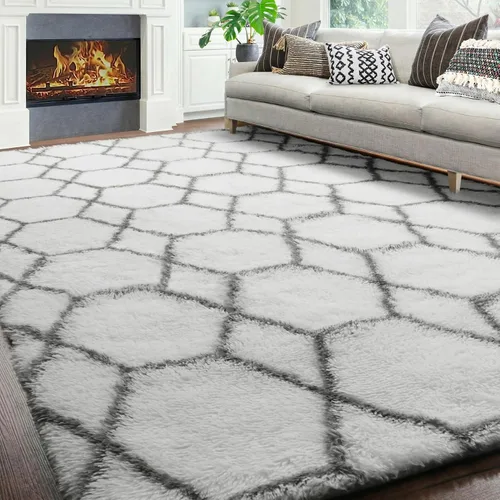 Miniatura 14 de ONASAR Alfombras de área para sala de estar y dormitorio, alfombra esponjosa lavable de 5x8 pies gris y blanca, alfombra de piso suave, afelpada