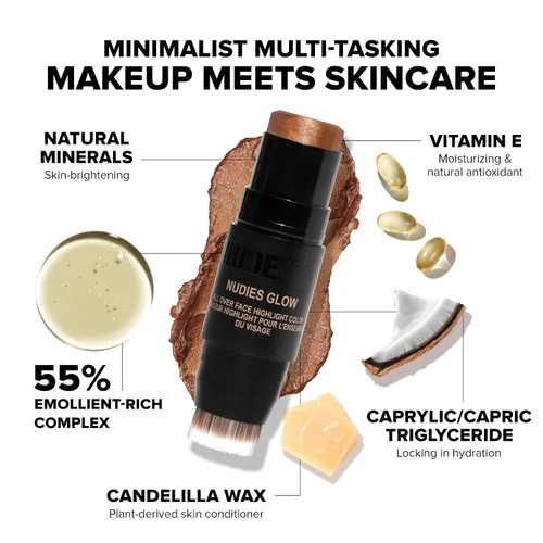 Miniatura 3 de Nudestix Nudies Glow - Resaltador en crema multiusos para mejillas, ojos y cuerpo con cepillo integrado, acabado radiante, maquillaje limpio, vegano