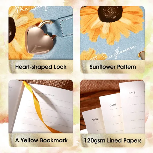 Miniatura 3 de Diario infantil de cuero sintético con candado y llave, agenda de viaje, agenda, cuaderno secreto de notas para mujer, 5.3 x 8.4 pulgadas, girasol