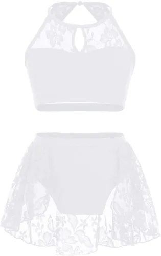 JEATHA Kids Girls Ballet Dance Disfraces de encaje floral sin mangas Crop Top con falda Bottoms Leotardo Dancewear