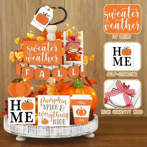 Miniatura 5 de Sumind Juego de 15 piezas de decoración de bandejas escalonadas de Acción de Gracias, decoraciones de otoño para el hogar, letreros de madera