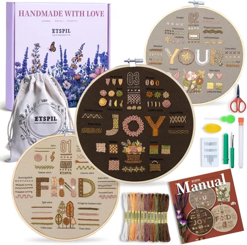 Miniatura 11 de ETSPIL Kit de bordado para principiantes para adolescentes y adultos - Paquete de 3, 19 puntadas, patrones pre-estampados, imán para agujas, aro