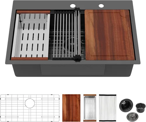 Miniatura 22 de Logmey Fregadero de cocina negro 33x22 empotrable, estación de trabajo de fregadero de cocina, SUS304 calibre 16 acero inoxidable, tazón individual