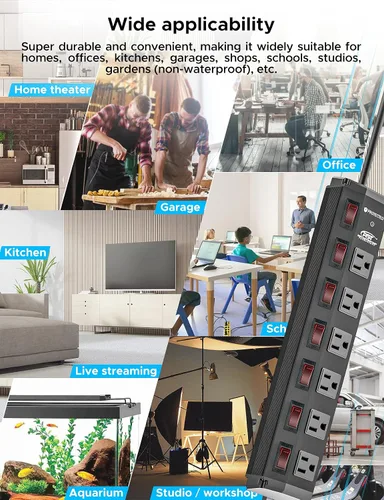 Miniatura 9 de CRST Regleta de alimentación de metal de 6 tomas con interruptores individuales, protector contra sobretensiones montable para garaje, taller