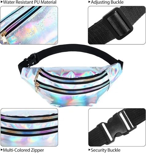 Miniatura 3 de Riñonera holográfica de 3 piezas para mujeres, hombres y niños, cintura deportiva de color metálico con bolsas y cinturón ajustable, paquete