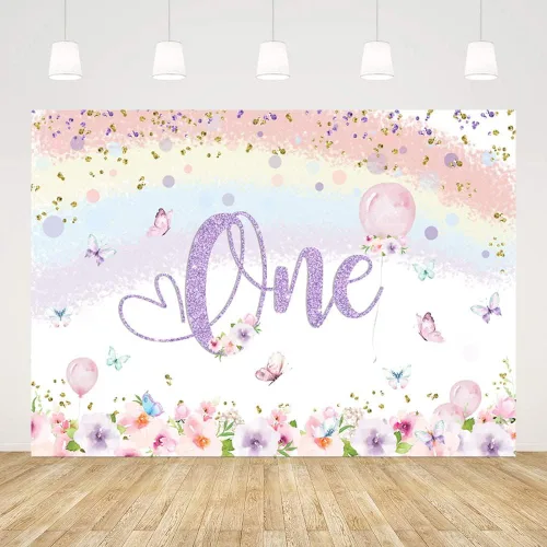 Telón de fondo de feliz primer cumpleaños de 7 x 5 pies para niña, princesa, flores coloridas, mariposa, arco iris, fotografía de fondo, decoración