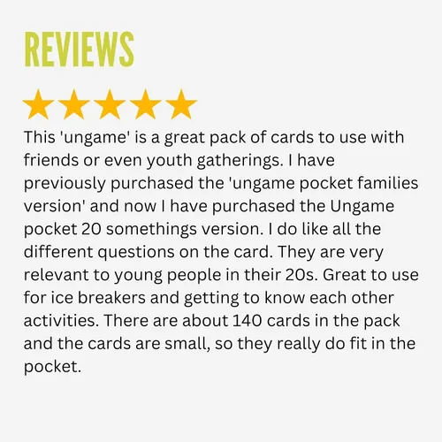 Miniatura 8 de Pocket UNGAME - 20 Somethings - Juego de cartas no competitivo para adultos jóvenes para discutir, compartir valores y experiencias - mazos ligeros