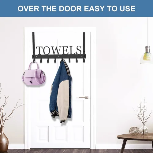 Miniatura 5 de Azmoncy Ganchos sobre la puerta, toallero para baño, soporte para toallas para colgar de alta resistencia, colgador de toallas de montaje en pared