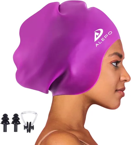 Miniatura 10 de Alepo Gorro de natación extra grande para mujeres y hombres, sombrero de natación de silicona duradera con protección para los oídos, unisex