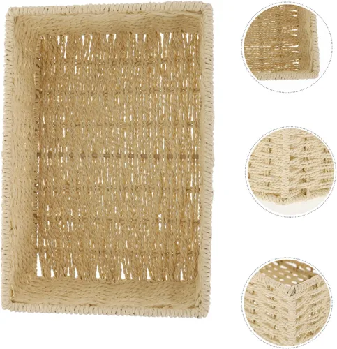 Miniatura 4 de VOSAREA Cesta de almacenamiento de ratán con tapa, cuerda de papel, organizador de escritorio, cesta de mimbre para dormitorio, organizador