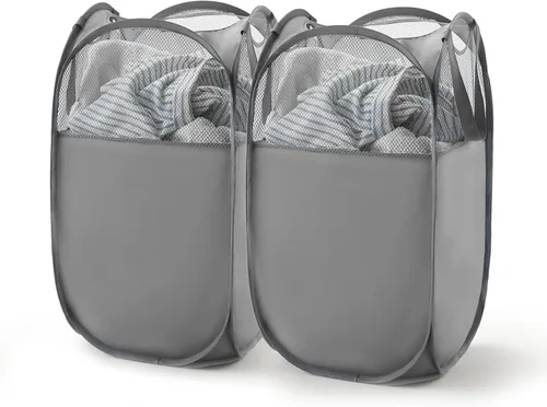 Miniatura 17 de TECHMILLY Cesta plegable de malla para la ropa sucia con asas resistentes y bolsillo lateral, cestas plegables portátiles para ropa para dormitorio