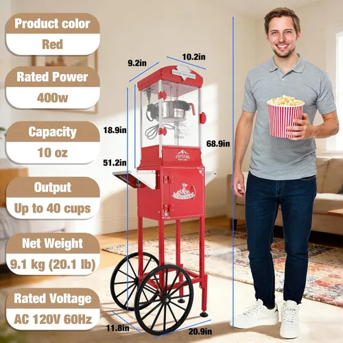 Miniatura 7 de Máquina de palomitas de maíz de 10 onzas con carrito, fabricante de estilo vintage de cine - Acrílico inastillable y armario de almacenamiento