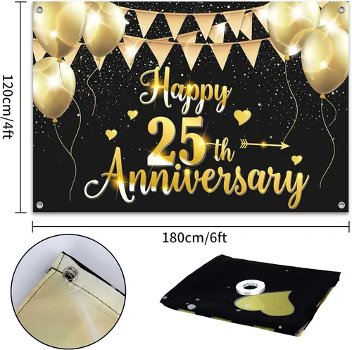 Miniatura 2 de HAMIGAR Fondo de pancarta de feliz 25 aniversario de 6 x 4 pies, 25 decoraciones de aniversario de boda, suministros para fiestas, color negro