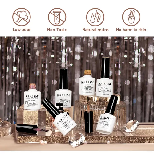 Miniatura 2 de RARJSM Juego de esmaltes de uñas de gel con purpurina reflectante, 6 colores brillantes plateados, champán, dorado, rosa, naranja, negro, rojo