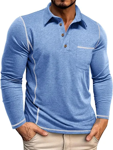 Miniatura 8 de Polo para hombre, manga larga, cuello clásico, algodón, botón básico, elegante, con bolsillo en el pecho