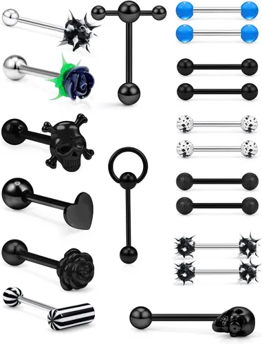 Prjndjw Anillos de lengua de acero quirúrgico 14G, joyería de piercing de lengua de 58 pulgadas, 0.630 in, calavera de corazón, flor, forma de T,