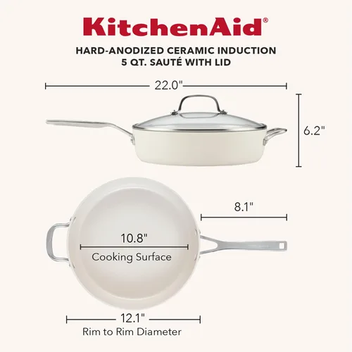 Miniatura 2 de KitchenAid - Sartén/cocedor jumbo de cerámica anodizada dura antiadherente con inducción con tapa y mango auxiliar, apta para lavavajillas, Porcelana