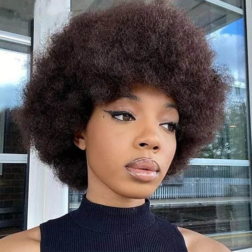 JOEDIR HAIR Pelucas afro para mujeres negras, cabello humano castaño oscuro, peluca rizada afro corta afro de 8 pulgadas, pelucas afro grandes 4