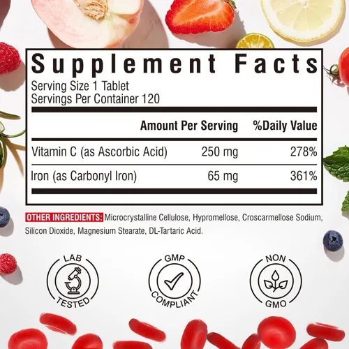 Miniatura 2 de Suplemento de hierro, 65 mg de hierro carbonilo con 250 mg de vitamina C, píldoras de hierro amigables con el estómago para mujeres y hombres, alta