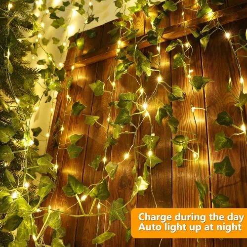 Miniatura 7 de Brizled Guirnalda de luces solares de vid de 33 pies, 100 luces LED solares, 8 modos, hojas de hiedra artificial, luces solares de vid, luces