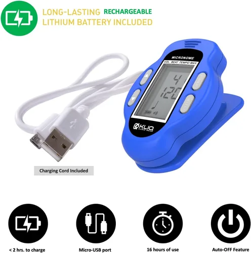 Miniatura 5 de KLIQ MicroNome - Mini metrónomo digital recargable - con altavoz (volumen digital, ajuste de ritmo y tempo) diseñado para su uso con piano, Azul