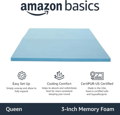 Miniatura 2 de Amazon Basics Cubrecolchón de espuma viscoelástica con gel refrescante, certificado CertiPUR-US, 3 pulgadas, Queen, color azul