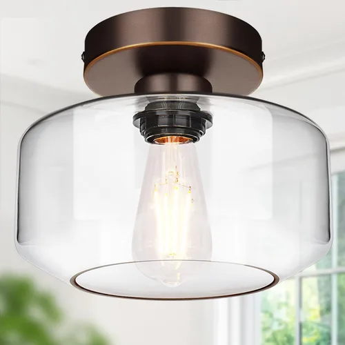 Miniatura 15 de Lámpara de techo industrial semiempotrada, bombilla LED de 800 lúmenes incluida, pantalla de vidrio texturizado, lámpara estilo granja para pasillo