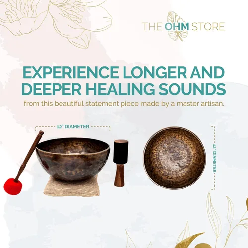Miniatura 3 de Juego Grande de Cuencos Tibetanos Cantores por Ohm Store — Cuenco de Meditación de Sonido Jupiter de Bronce Puro de 12 Pulgadas, 2 Mazos y un Cojín
