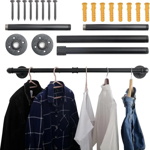 Miniatura 4 de WEBI Perchero de montaje en pared, 24 pulgadas de tubería industrial para colgar ropa, barra de hierro resistente, barra de ropa de exhibición al