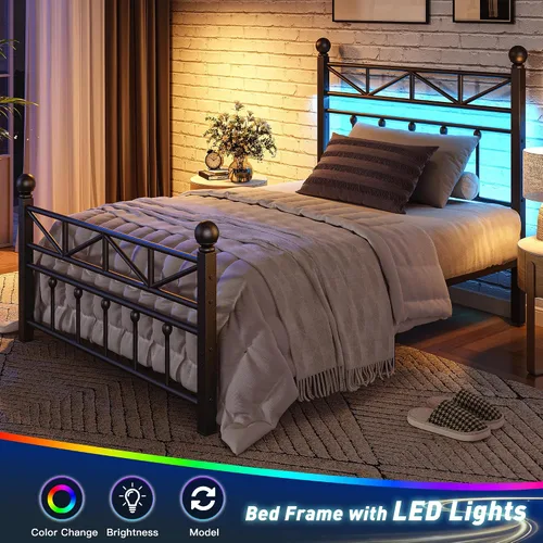 Miniatura 4 de EnHomee Marco de cama individual de metal de 14.2 pulgadas con cabecero alto y estribo, marco de cama individual con luz LED, soporte de listones