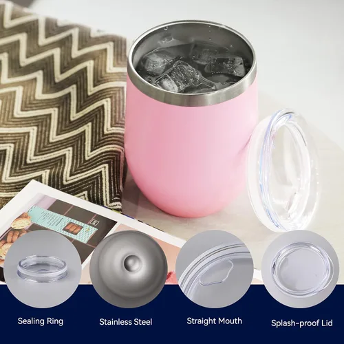 Miniatura 3 de DOMICARE - Juego de 16 vasos de vino de 12 onzas con tapa, hechos de acero inoxidable con aislamiento al vacío de doble pared, color rosado