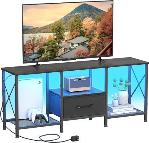 Miniatura 9 de JARHETUN - Soporte de TV con cajón de tela, centro de entretenimiento para TV de 50 55 pulgadas, consola de TV industrial con estantes de Negro
