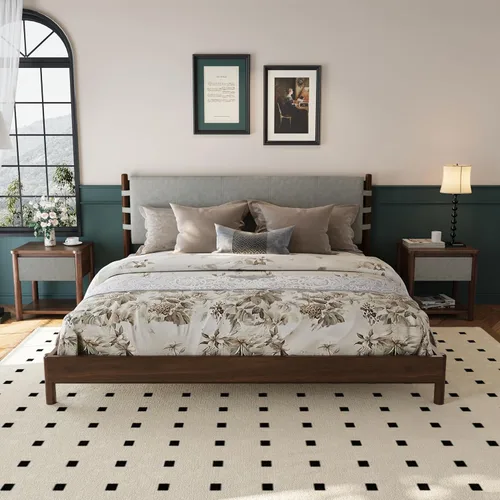 Miniatura 11 de Moderno juego de base de cama Queen con 2 mesitas de noche, cama de plataforma de madera beige con cabecero y mesitas de noche a juego