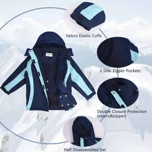 Miniatura 9 de Chaqueta de esquí impermeable para niñas, chaqueta de snowboard para exteriores, resistente al viento, con forro polar, abrigo de nieve cálido