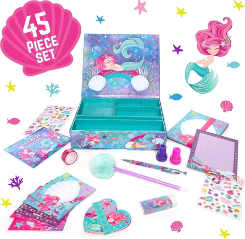 Miniatura 3 de GirlZone Juego de papelería de sirena, 45 piezas, papel blanco, juego de escritura de sirena y kit de escritura de letras para niños