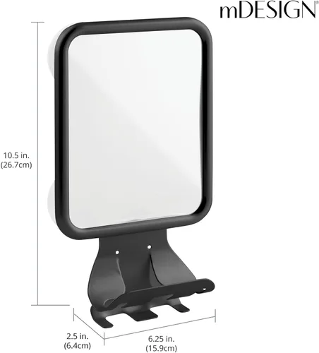 mDesign Espejo de afeitar grande y moderno con succión de metal para duchas y bañeras de baño, soportes para crema de afeitar y maquinillas de