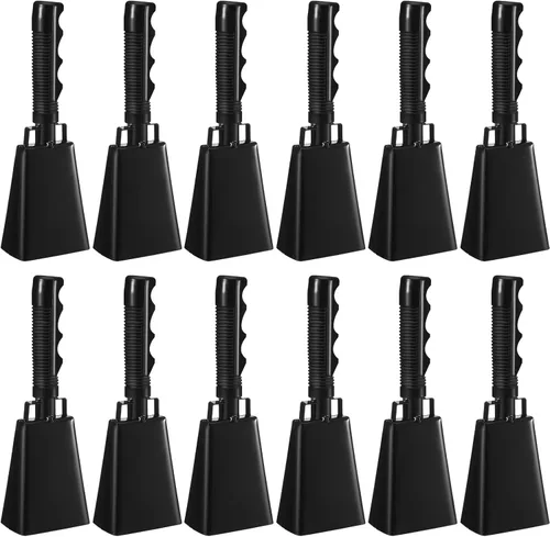 Pelopy 12 campanas de vaca grandes de 9 pulgadas con mango para eventos deportivos, cencerros de percusión de mano, campanas de campana de animación