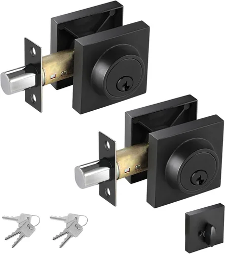 Miniatura 10 de Cerradura cuadrada de un solo cilindro moderno con llaves, cerrojo negro mate para entrada de puerta delantera, cerradura de seguridad de puerta