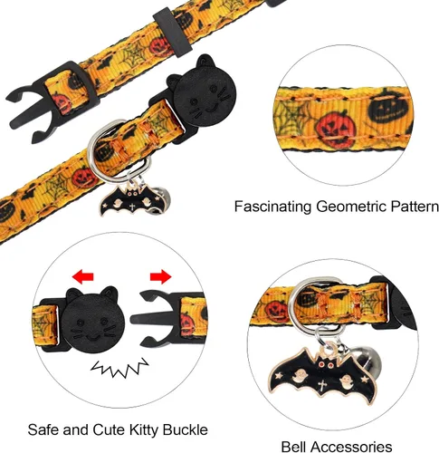 Miniatura 2 de Collar de Gato de Halloween, Juego de 2 Collares Separables para Gato con Campanas, Adorno de Fantasma de Calabaza y Murciélagos Halloween