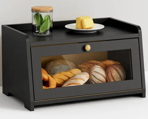Miniatura 10 de Caja de pan de madera Goozii para encimera de cocina, contenedor de almacenamiento de panes rústico para pan casero, organizador con ventana