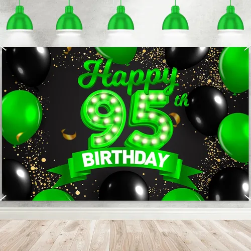 Miniatura 23 de Cartel de feliz cumpleaños 26 verde y negro, telón de fondo con texto en inglés "Cheers to 26 years old confeti", globos de confeti, decoración