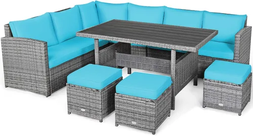 Miniatura 9 de Tangkula Juego de muebles de patio para 6, 7 piezas para todo tipo de clima, sofá seccional de mimbre de polietileno resistente con mesa de comedor