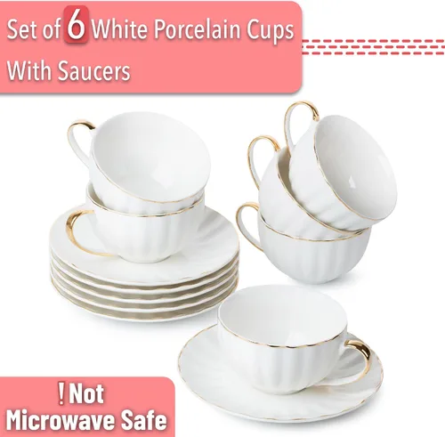 Miniatura 2 de BTaT- Tazas de capuchino con platillos de 7 onzas, juego de 6, diseño de borde dorado Juego de tazas de café de porcelana blanca, apto