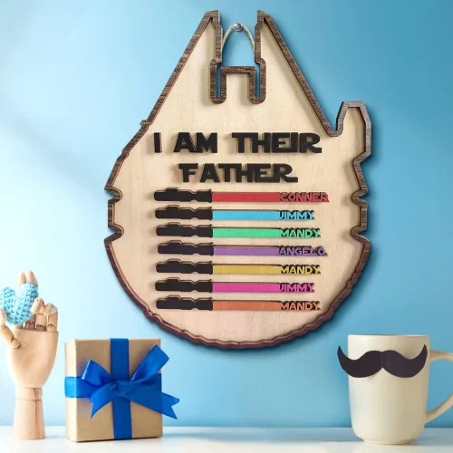 Miniatura 8 de Letreros de madera personalizados con nombres y sables de colores personalizados con texto en inglés "I AM THEIR THEIR Father", grabado con nombre