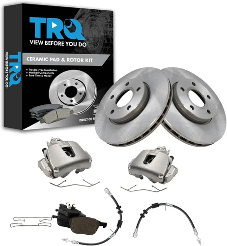 Miniatura 55 de TRQ Juego de pastillas de freno delanteras y rotores de cerámica, pinzas, mangueras, compatibles con Honda Odyssey 2005-2010