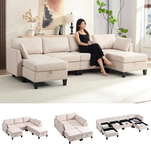 Miniatura 11 de ijuicy Sofá modular convertible de 110 pulgadas con asientos de almacenamiento y 2 otomanas móviles, sofá modular en forma de U de 6 asientos